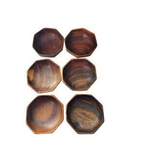 Handcrafted Octagonal MCM Wooden Bowls Set Of 6 Rustic Artisan Kitchen Decor